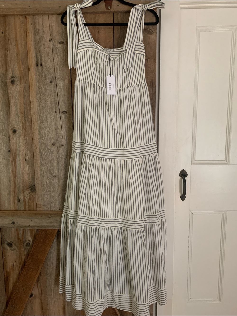 Striped Tiered Maxi Dress with Tie Shoulder Straps - Cream & Blue
